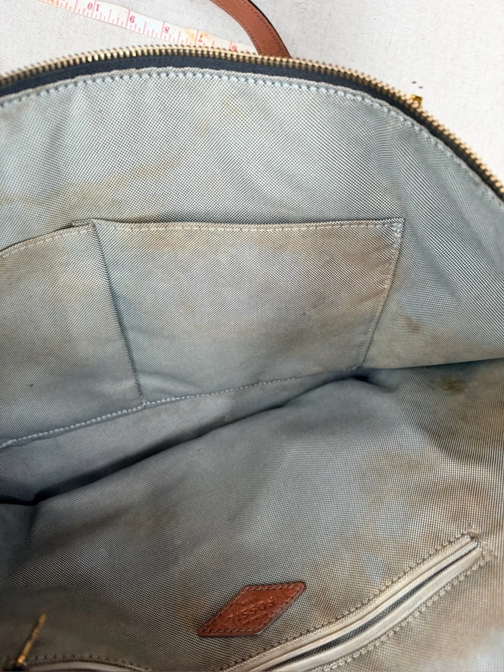 Fossil Black Leather Tote Bag with Brown Handles